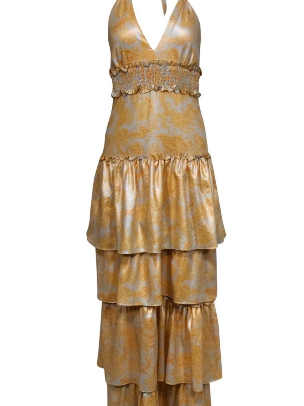 Likely Shimmery Gold Paisley Halter Maxi Dress
